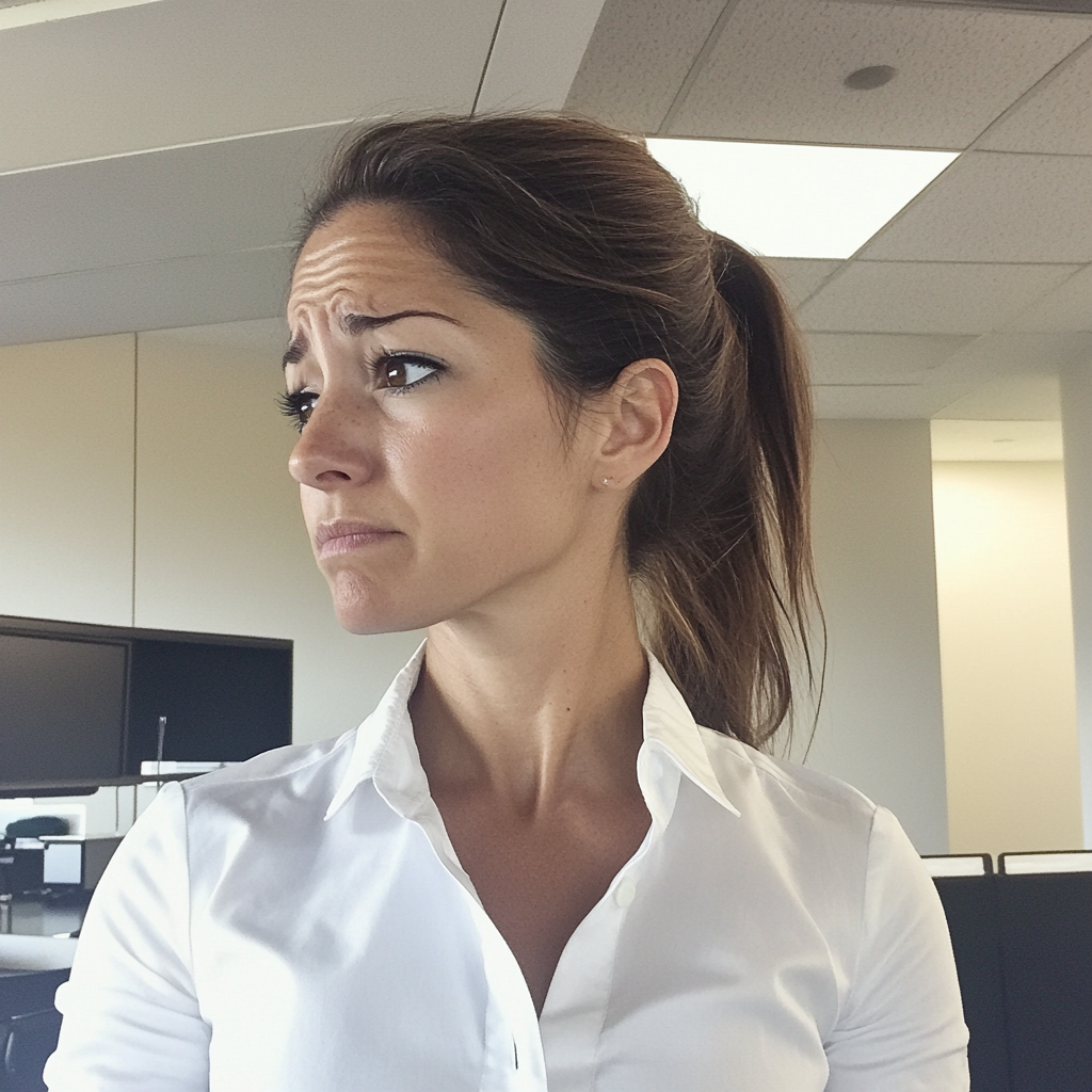 Une femme émotive debout dans un bureau | Source : Midjourney