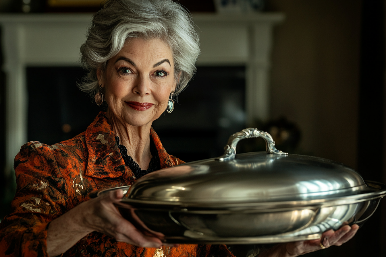 Une femme suffisante présentant un plat couvert à une table de dîner | Source : Midjourney