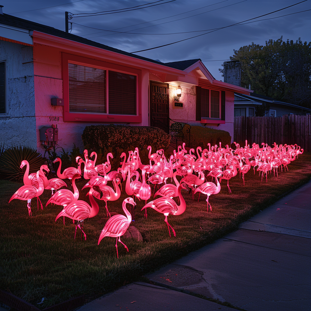 La cour avant d'une maison recouverte de flamants roses vifs en plastique | Source : Midjourney