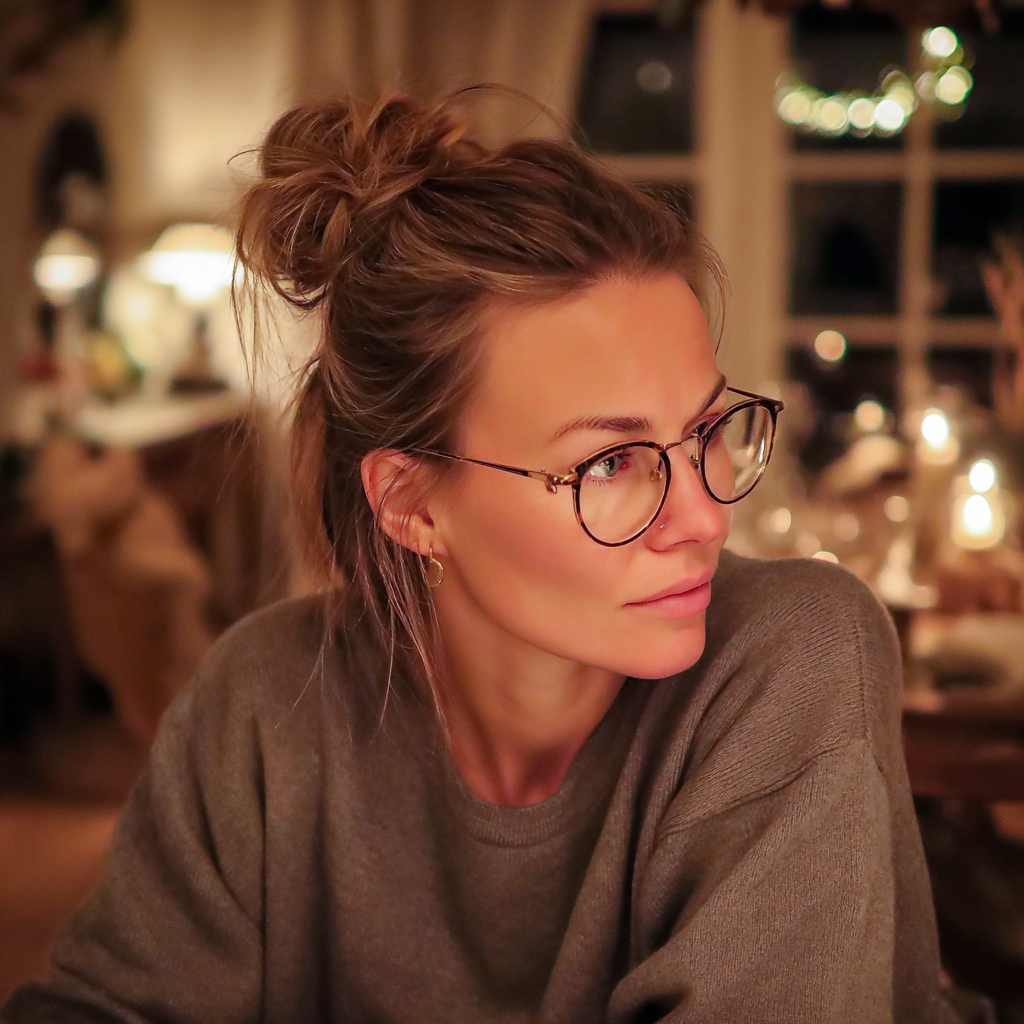 Une femme avec un chignon désordonné assise à une table | Source : Midjourney