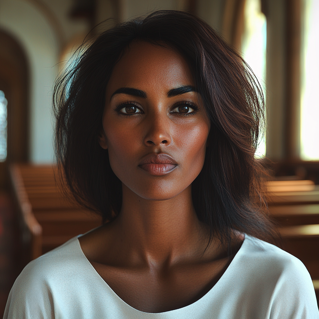 Une femme assise dans une église, regardant droit devant elle | Source : Midjourney