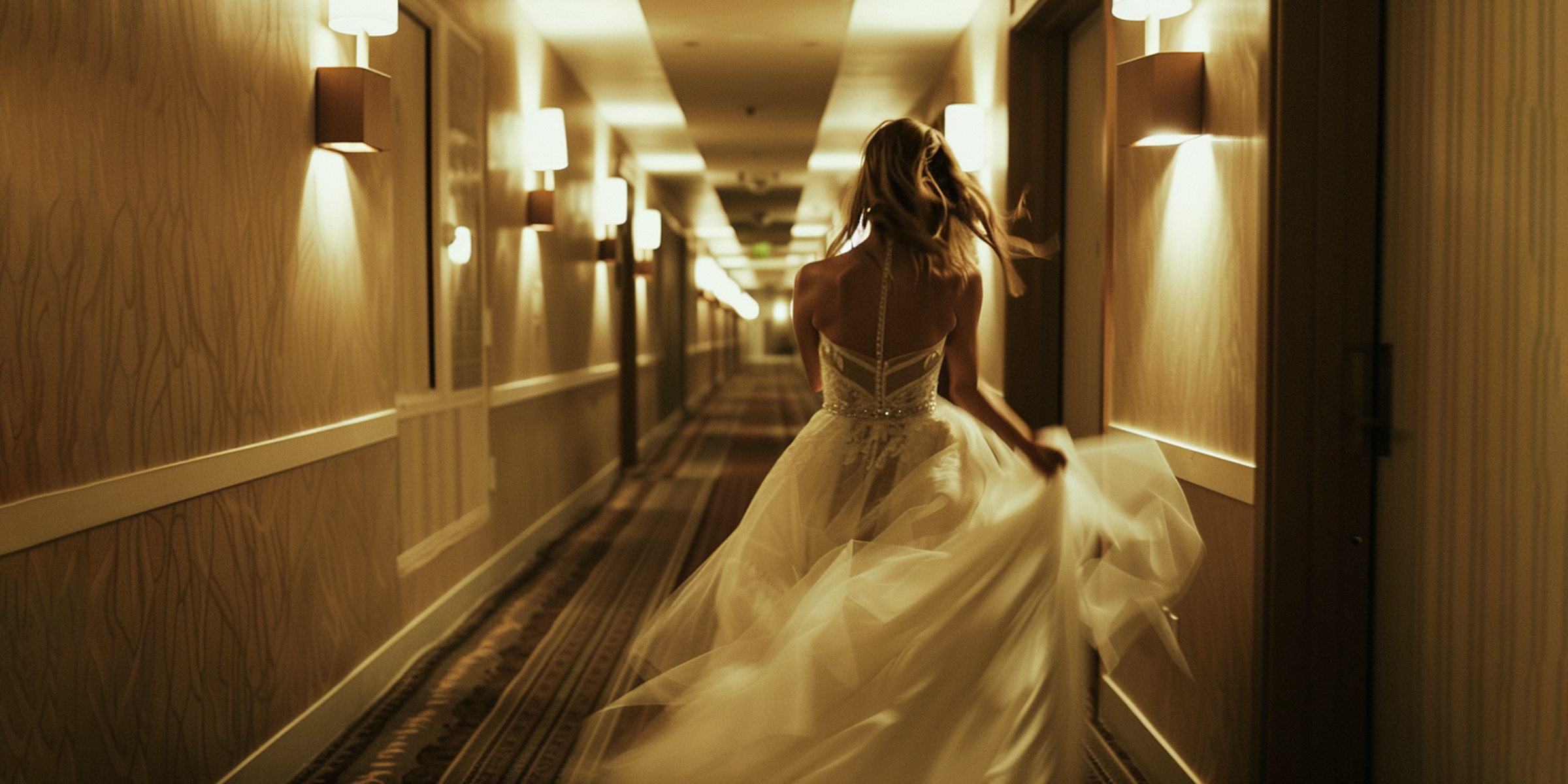 Une mariée dévalant un couloir d'hôtel | Source : Midjourney