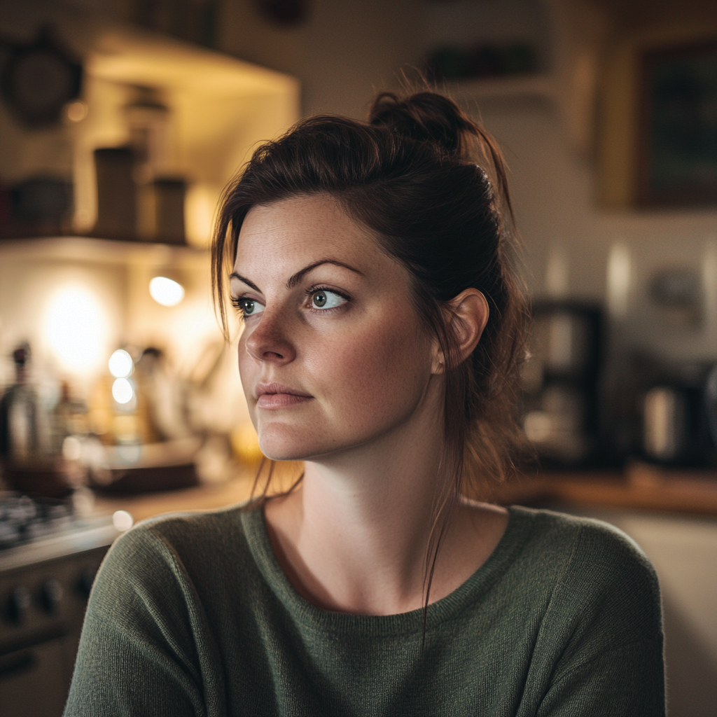 Une femme curieuse se tenant dans la cuisine et regardant quelqu'un | Source : Midjourney