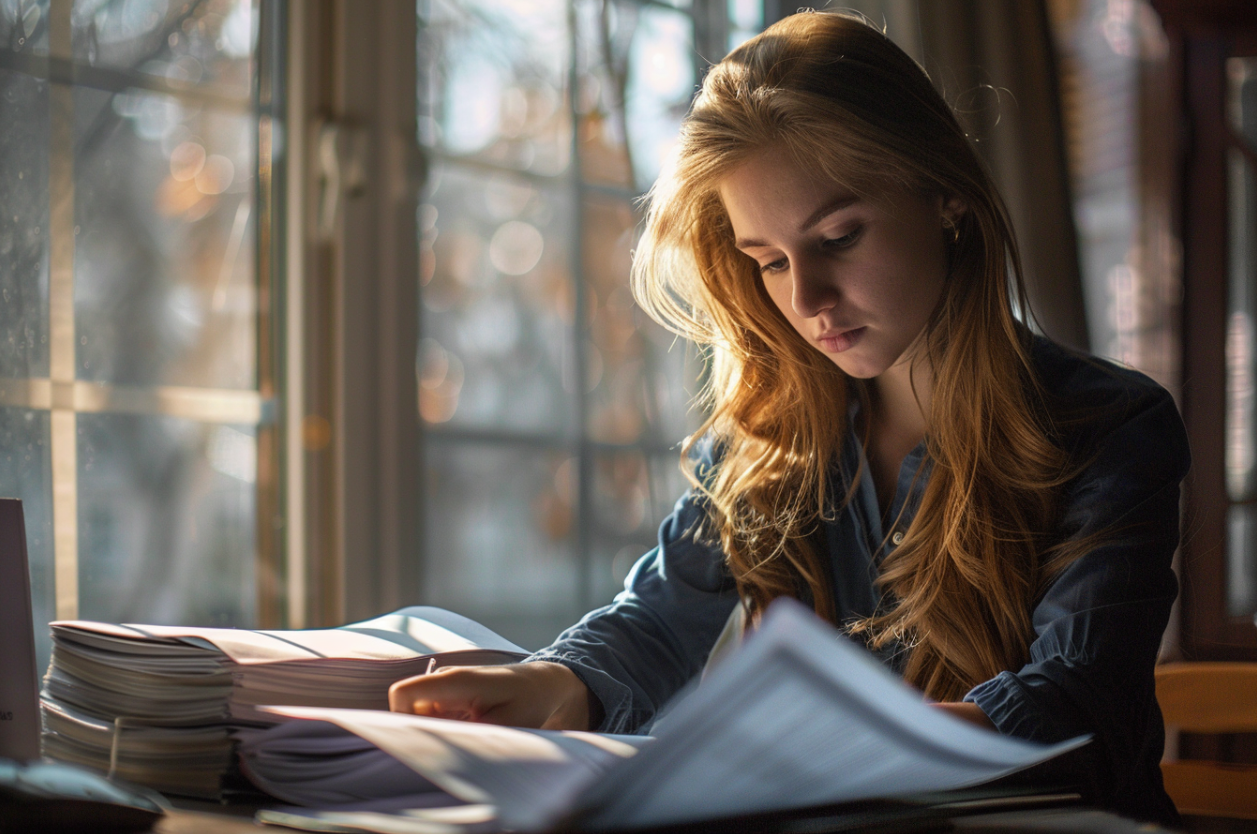 Une femme étudie un contrat | Source : MidJourney