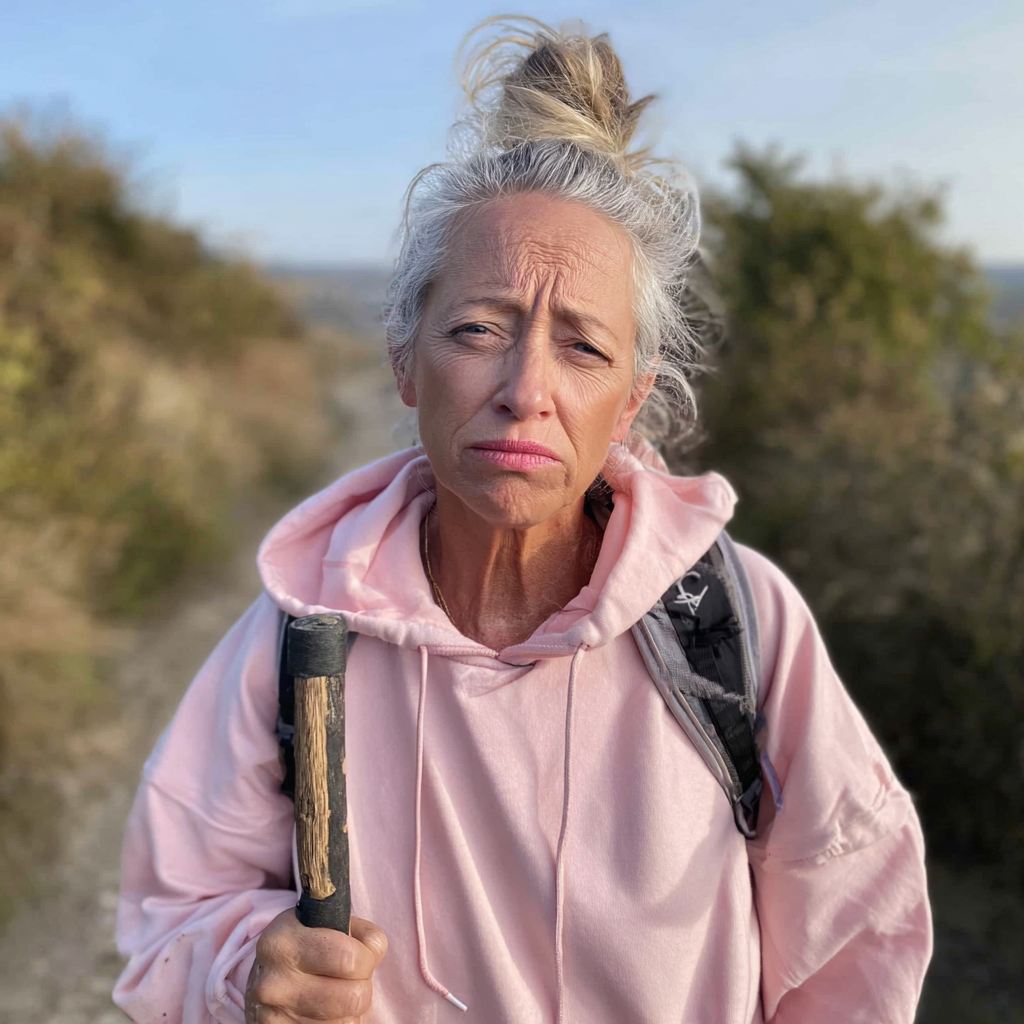 Gros plan sur une femme âgée bouleversée, vêtue d'un survêtement rose | Source : Midjourney