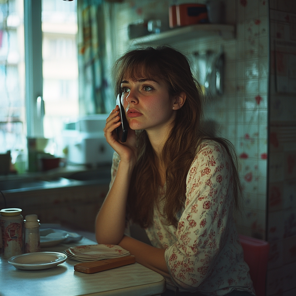 Une femme bouleversée lors d'un appel | Source : Midjourney