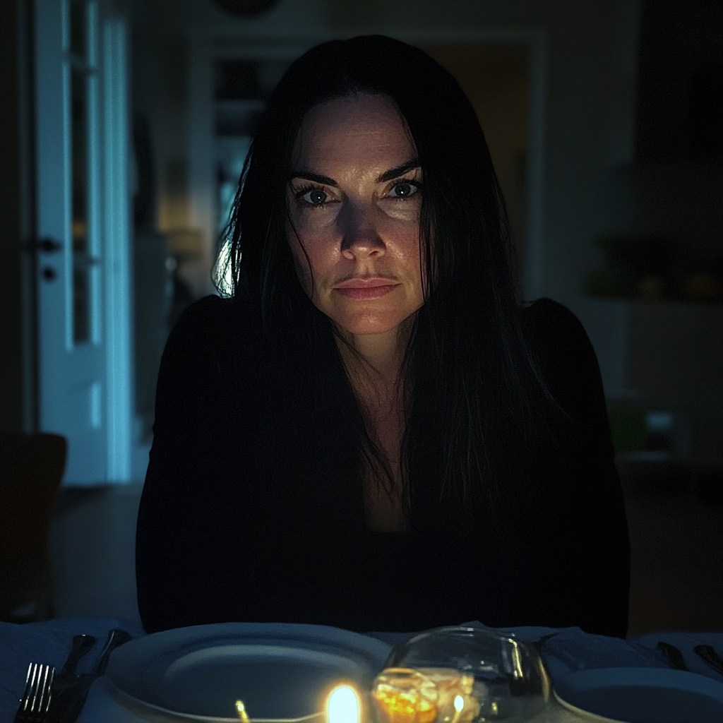 Une femme âgée assise à une table de dîner | Source : Midjourney