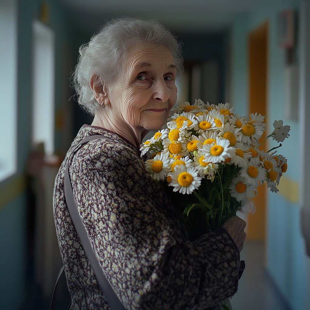 Une vielle femme tenant un bouquet de marguerites | Source : Midjourney