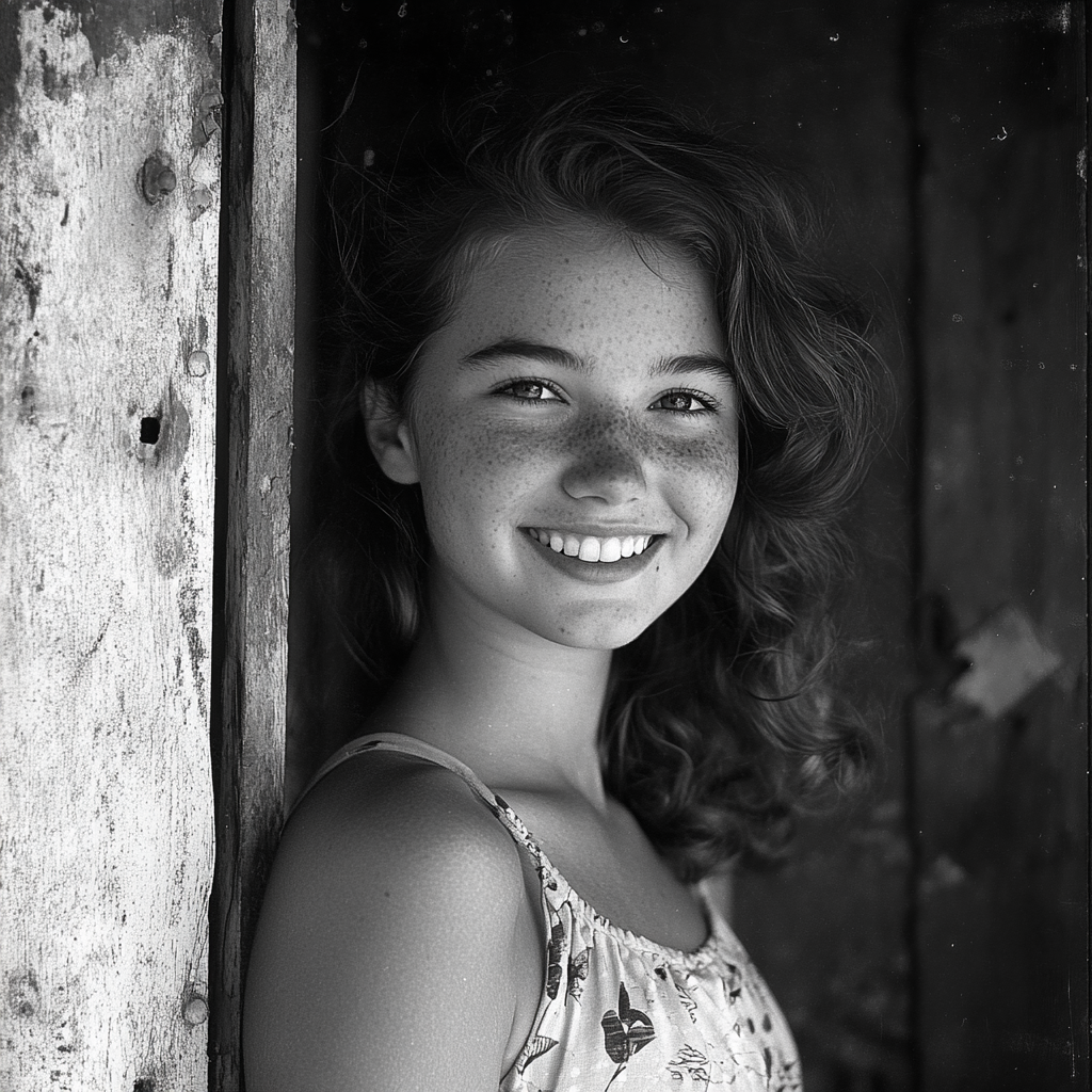 Une photo en noir et blanc d'une femme souriante | Source : Midjourney