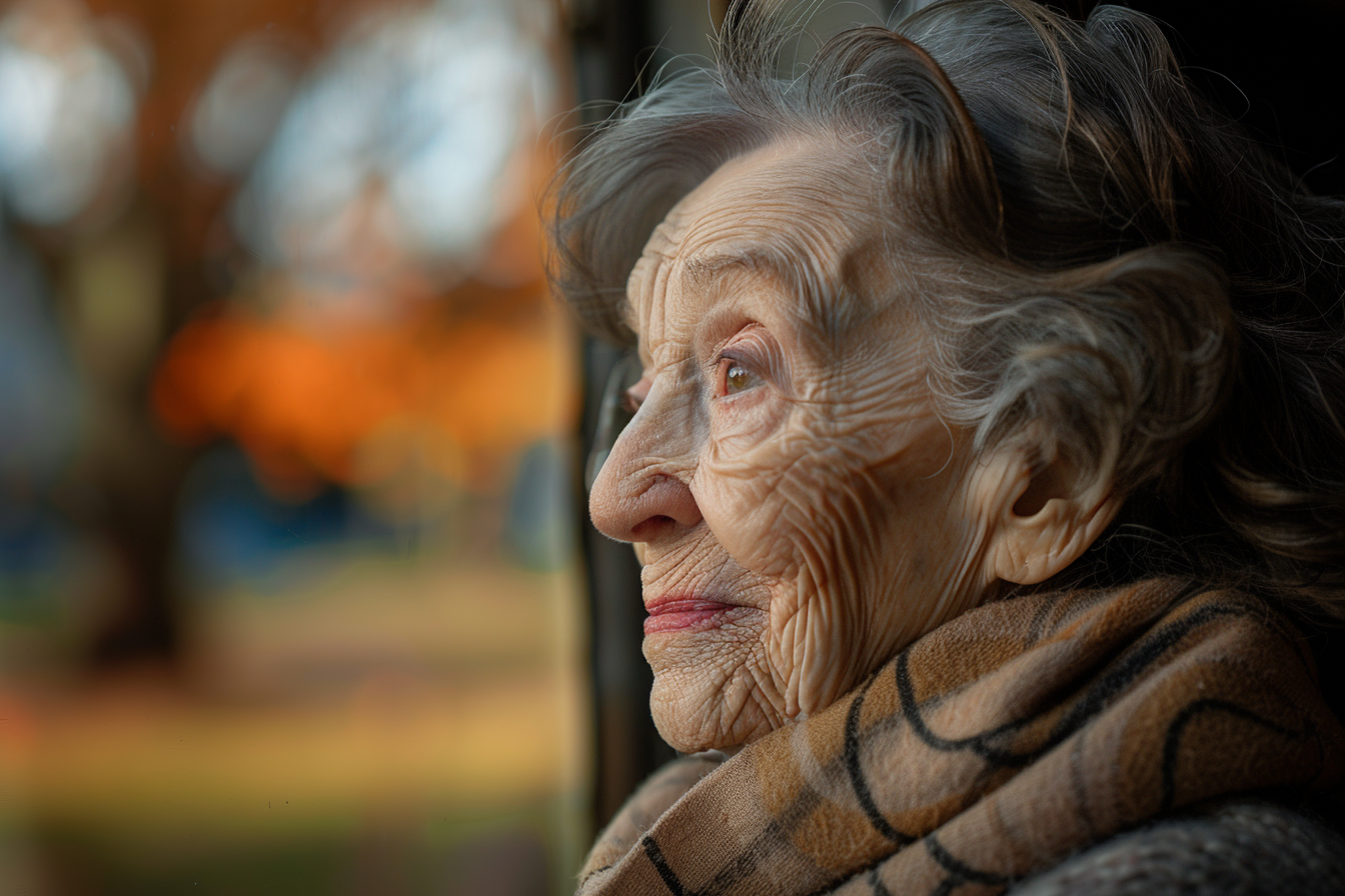 Une femme âgée qui regarde à l'extérieur d'une fenêtre | Source : Midjourney