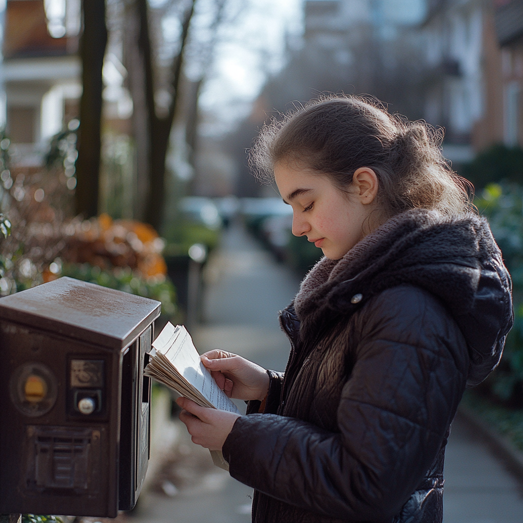 Une jeune femme récupère son courrier dans sa boîte aux lettres | Source : Midjourney