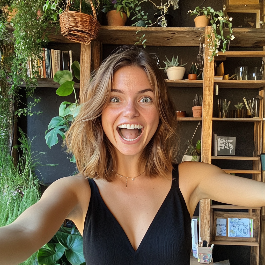 Une femme ravie dans un café | Source : Midjourney