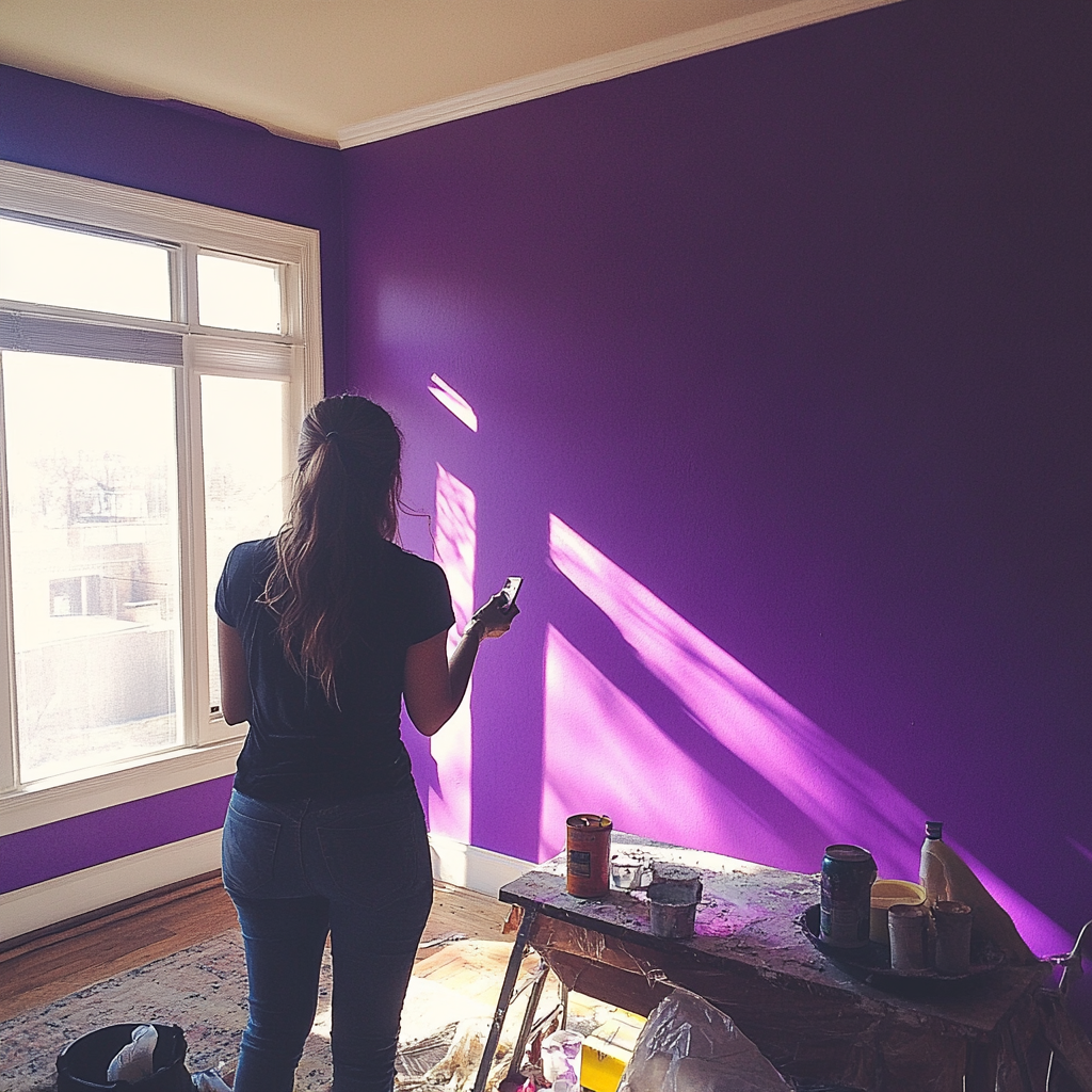 Une femme qui peint les murs en violet | Source : Midjourney