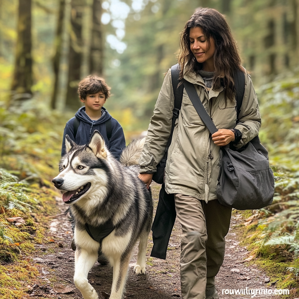 Une femme marchant dans les bois avec son fils et son husky | Source : Midjourney