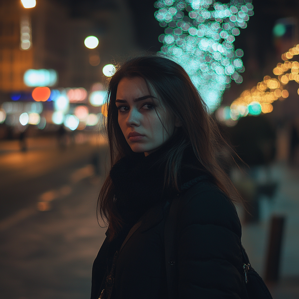 Une femme triste marchant dans la rue | Source : Midjourney