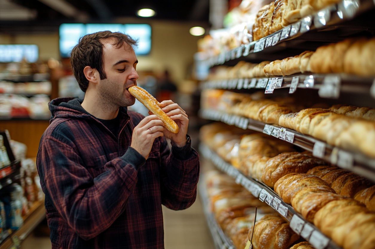 Un homme mangeant une baguette de pain dans une épicerie | Source : Midjourney