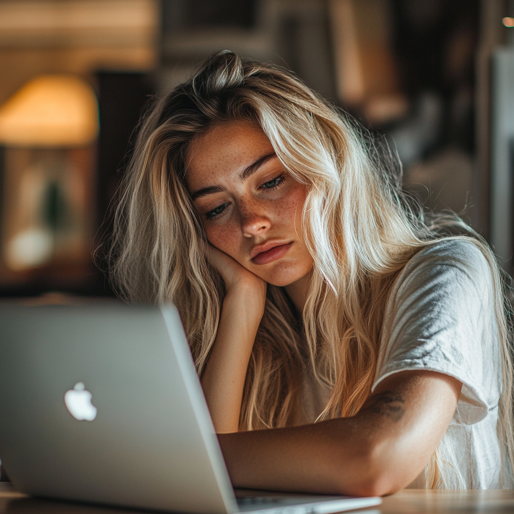 Une femme extrêmement fatiguée qui travaille sur son ordinateur portable depuis chez elle | Source : Midjourney