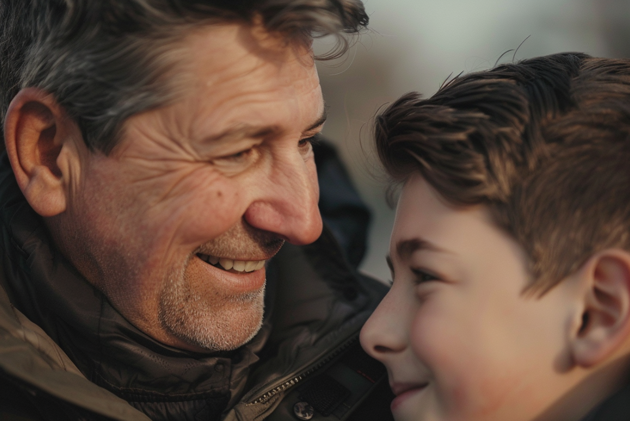 Un homme sourit à son fils adolescent | Source : MidJourney
