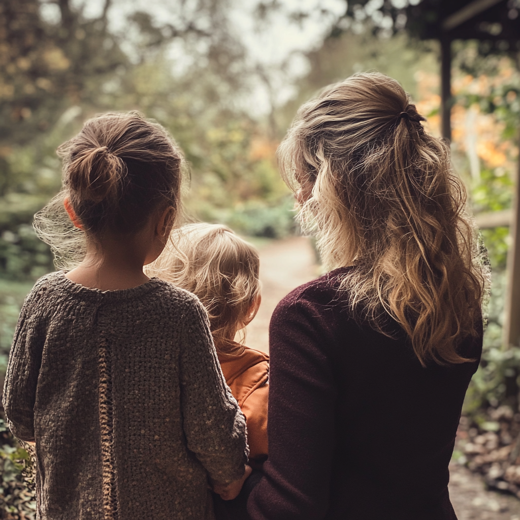 Femme s'éloignant avec ses enfants | Source : Midjourney