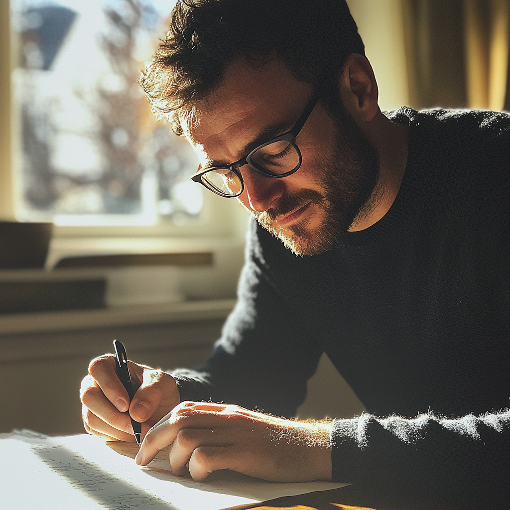 Un homme écrit sur une feuille de papier | Source : Midjourney