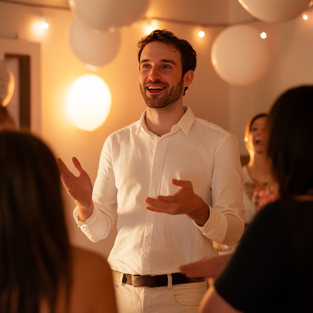 Homme s'adressant à des invités lors d'une fête | Source : Midjourney