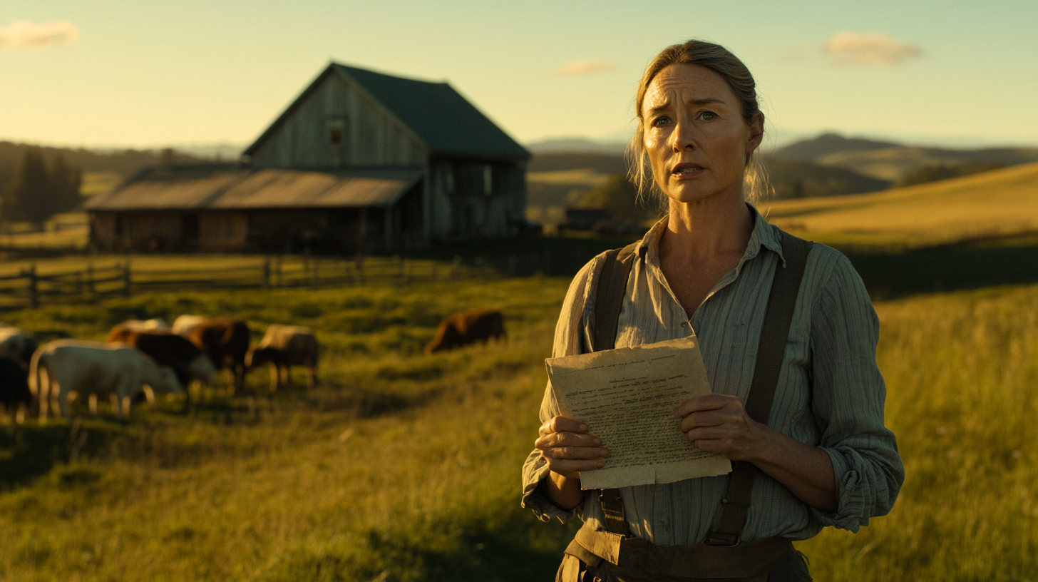 Femme lisant une lettre dans une ferme | Source : Midjourney