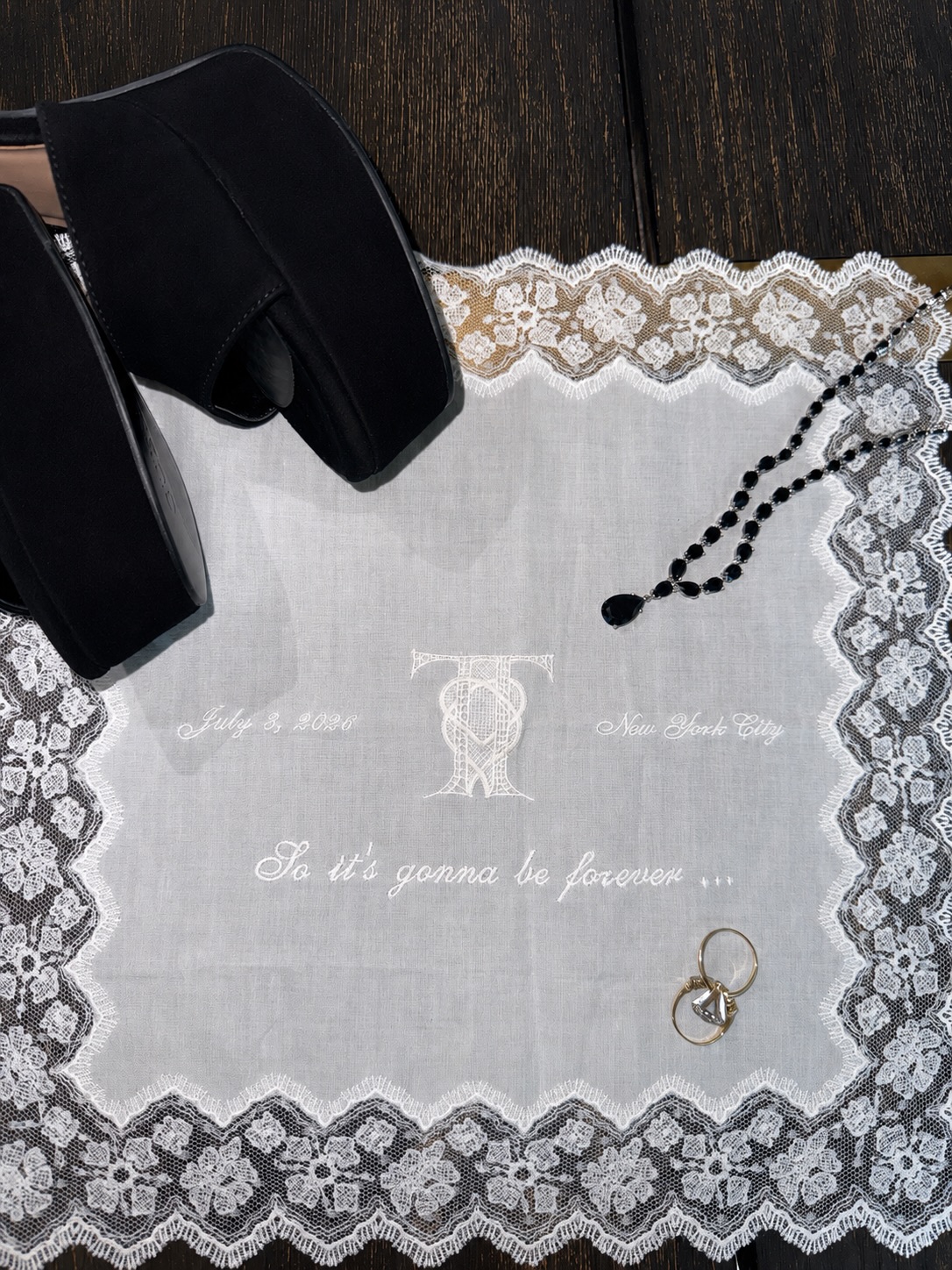 Ce petit cadeau de mariage orné de dentelle nous a donné un autre aperçu intime de la fête soigneusement personnalisée de Taylor Swift et Travis Kelce. La date brodée dessus,