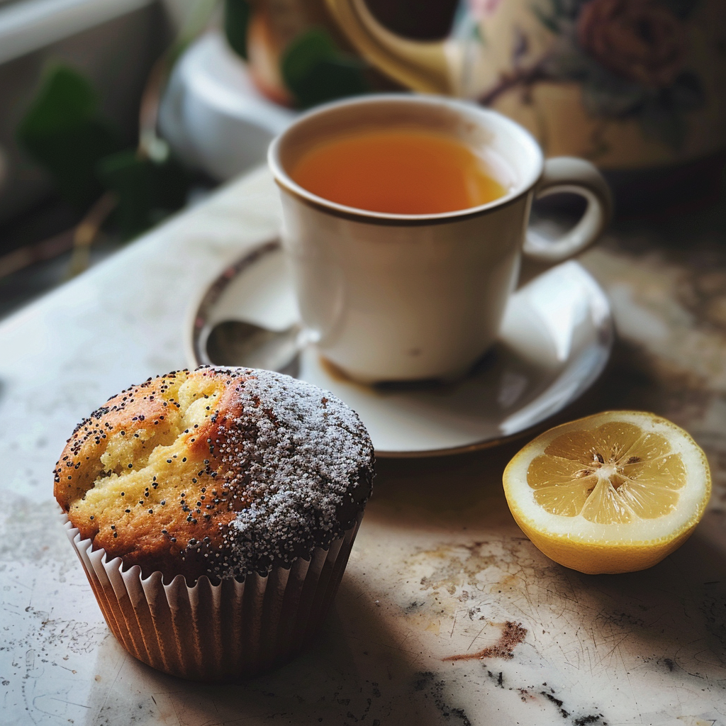 Une tasse de thé avec un muffin | Source : Midjourney