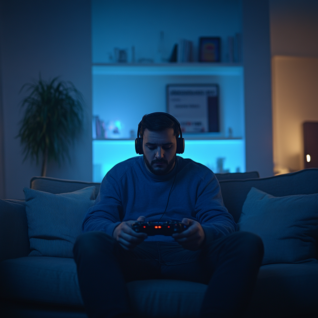 Homme assis sur un canapé, portant un casque, jouant à des jeux vidéo la nuit. | Source : Midjourney