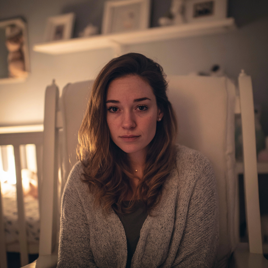 Une femme pensive assise dans une chambre d'enfant | Source : Midjourney