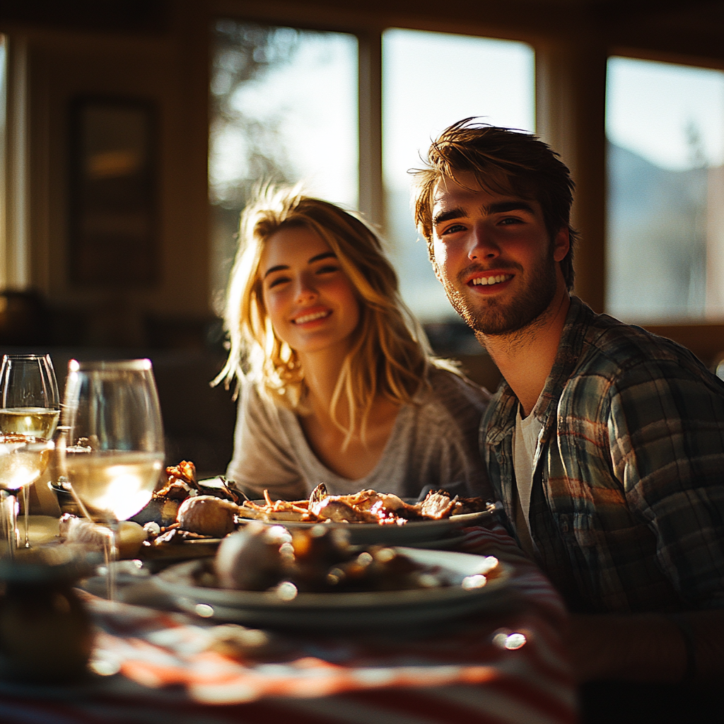 Un couple prenant le repas de Thanksgiving | Source : Midjourney