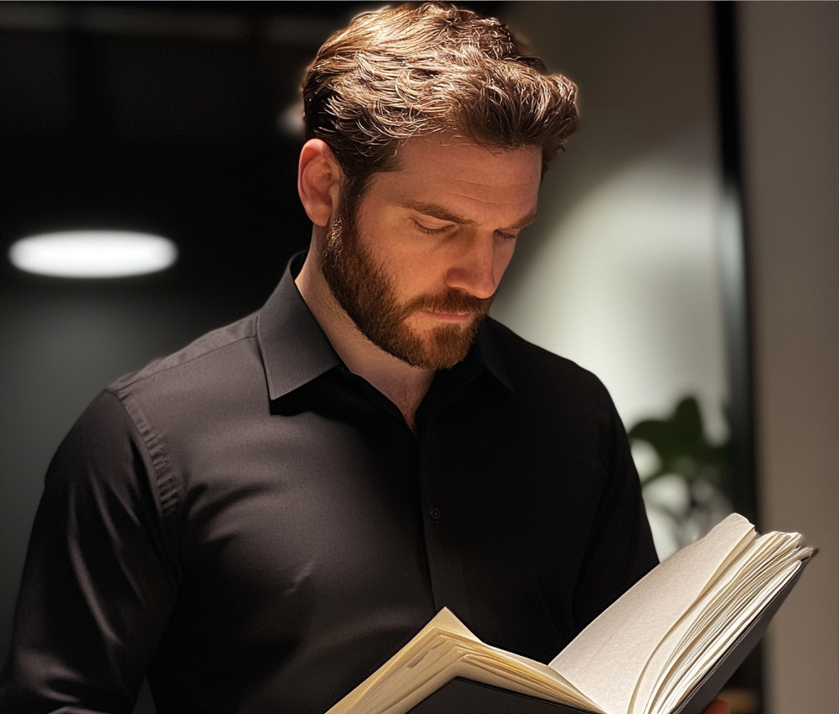Un homme lisant dans un dossier | Source : Midjourney