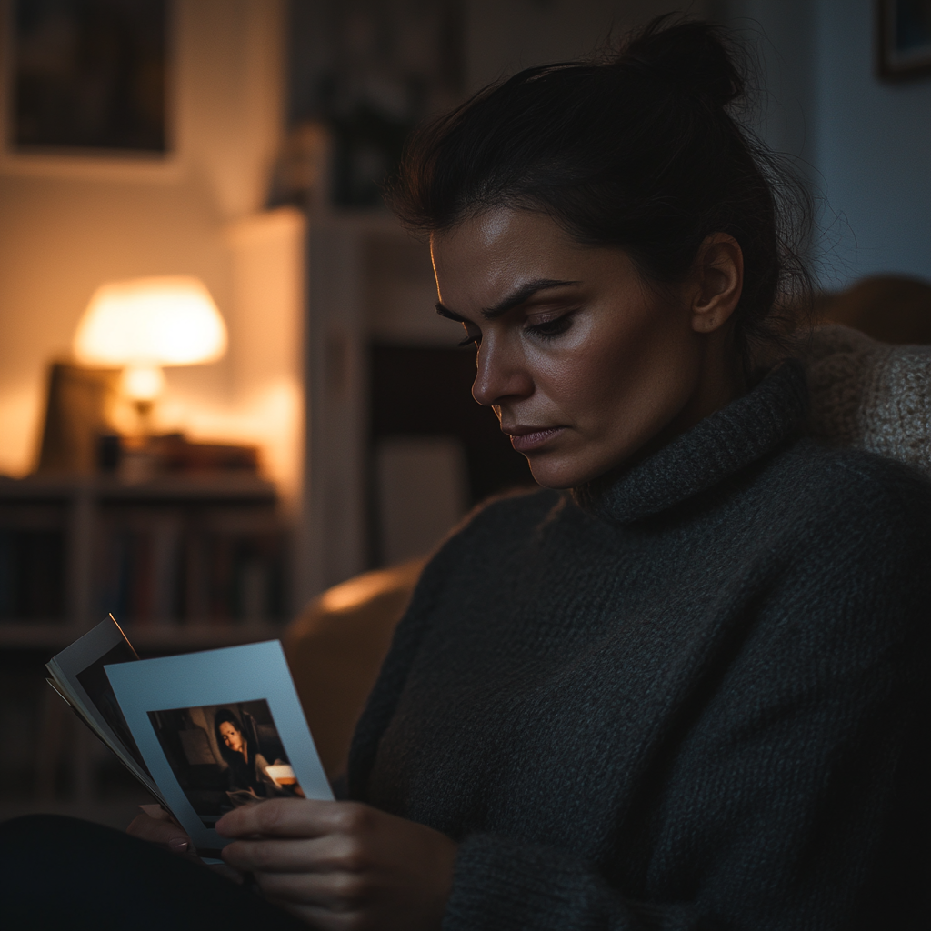 Une femme qui regarde les photographies qu'elle a entre les mains ⏐ Source : Midjourney