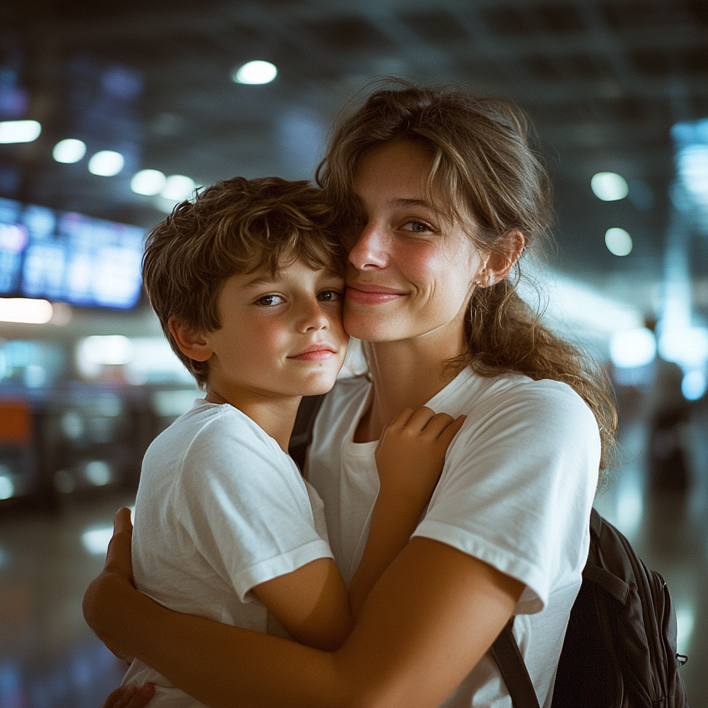 A happy woman holding her son in her arms | Source: Midjourney