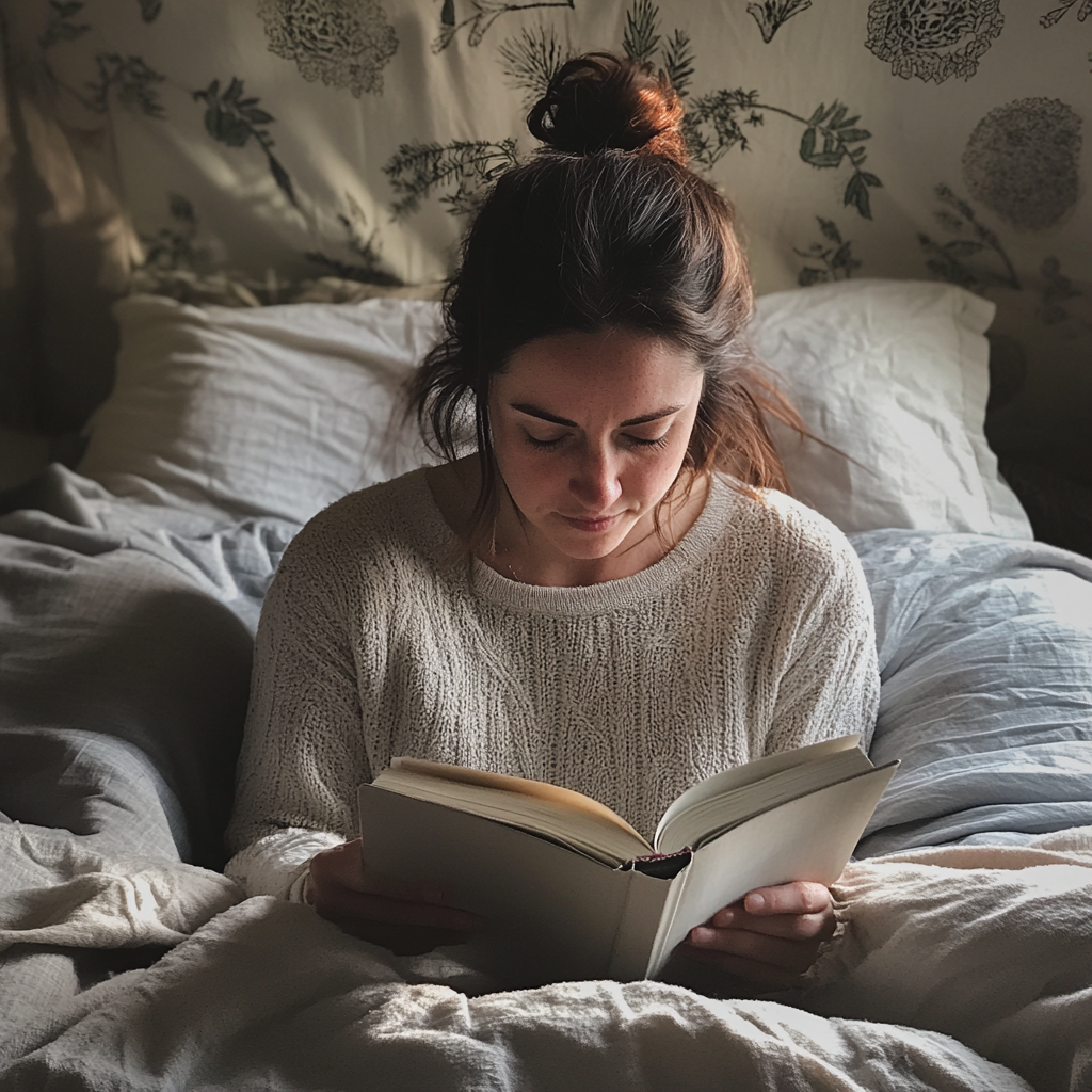 Une femme assise dans son lit et lisant un livre | Source : Midjourney