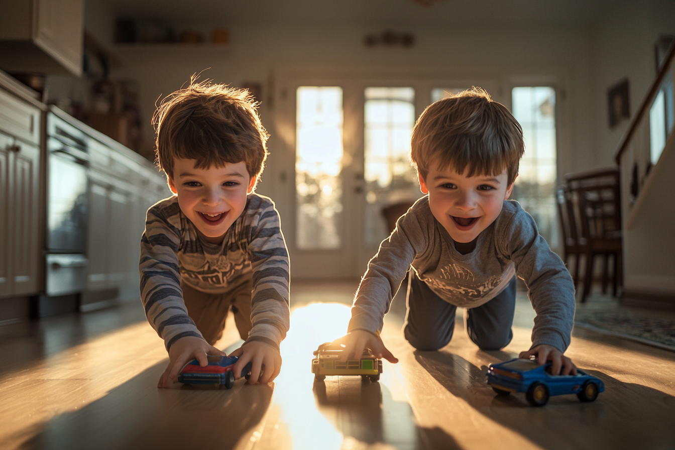 Deux garçons de 7 ans jouent avec des petites voitures sur le sol de la cuisine | Source : Midjourney