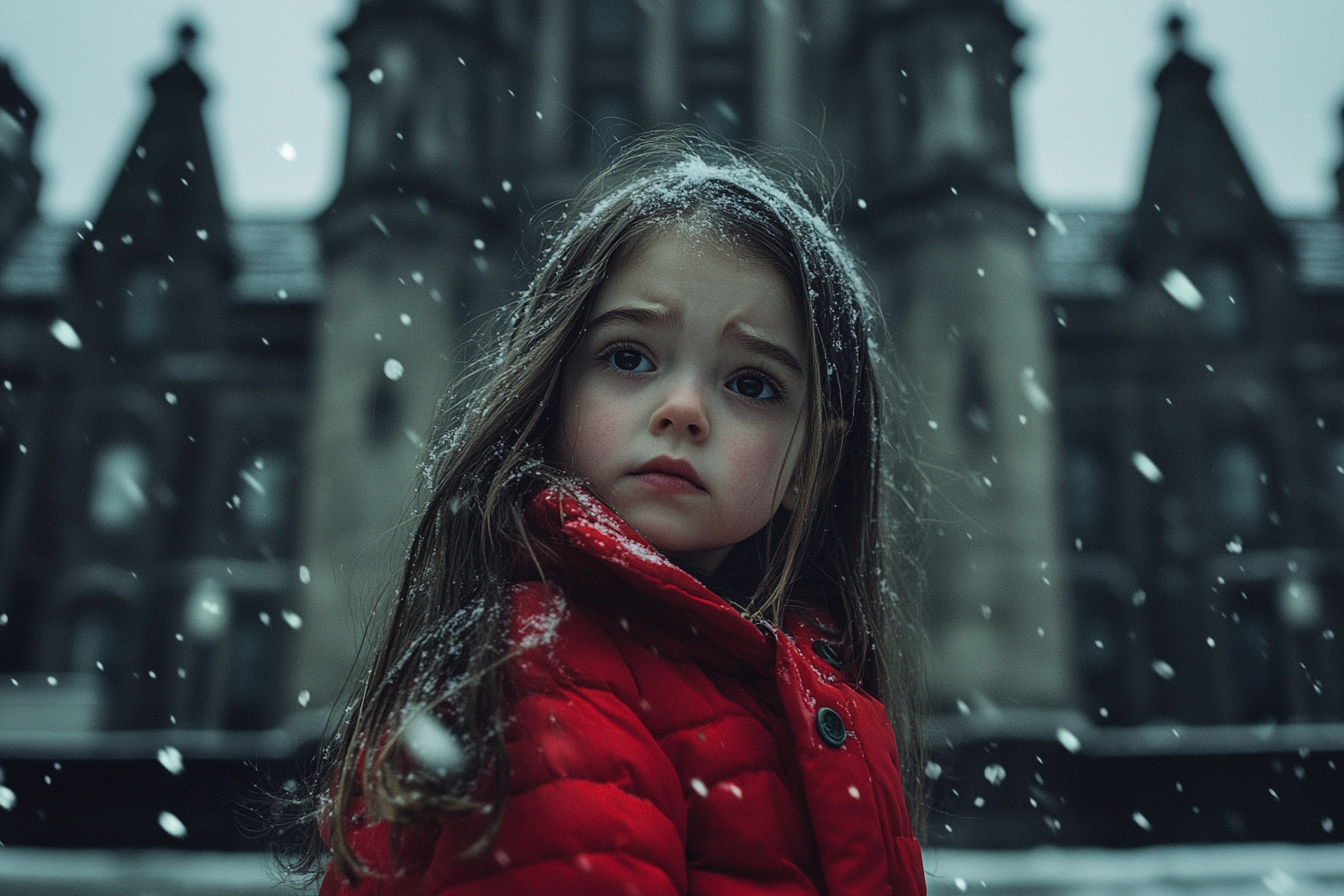 Une petite fille portant une veste rouge, l'air triste, devant un bâtiment à l'extérieur dans la neige | Source : Midjourney