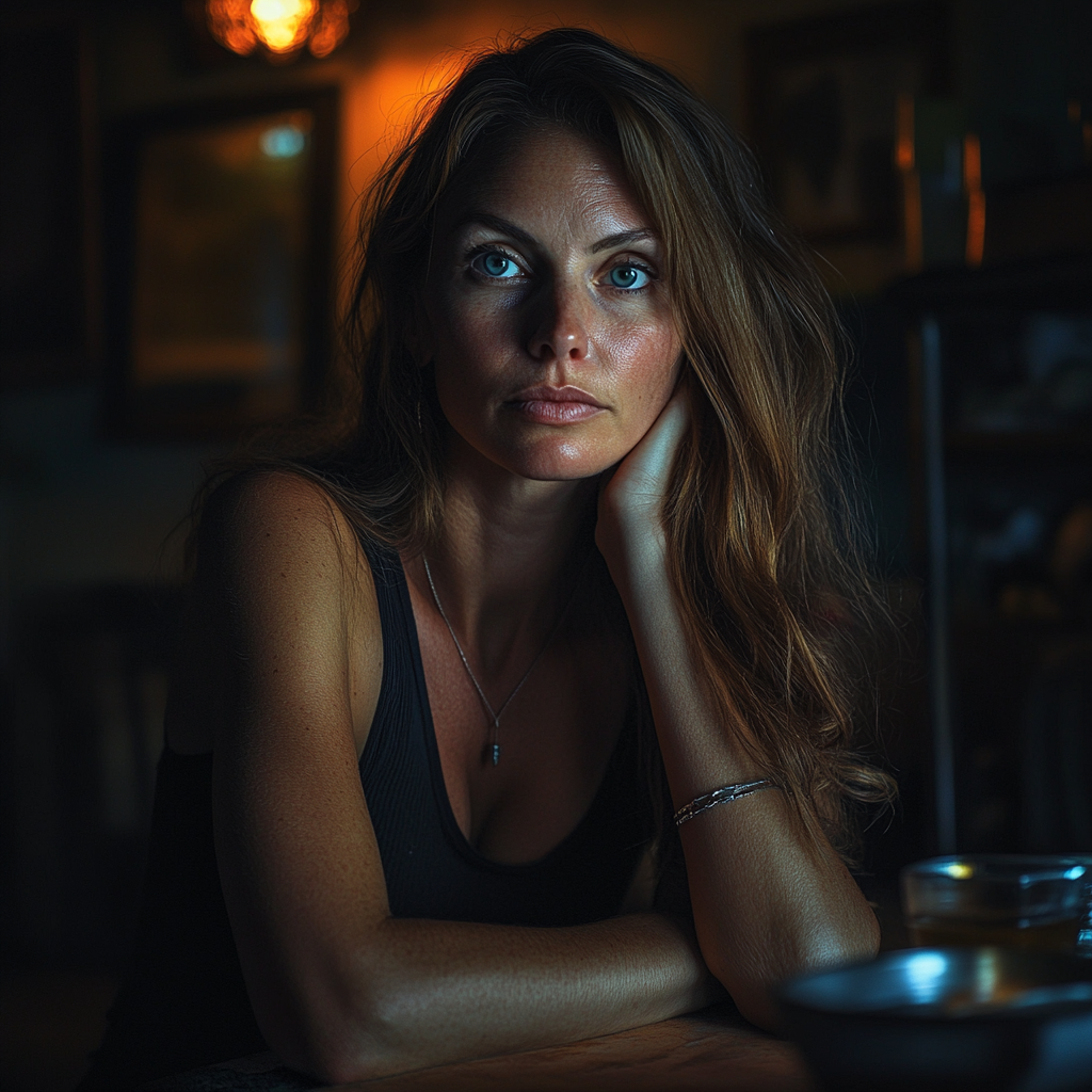 Une femme méfiante et impatiente assise à la table à manger | Source : Midjourney