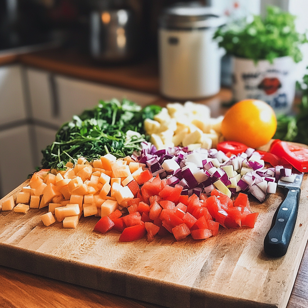 Légumes hachés sur une planche | Source : Midjourney