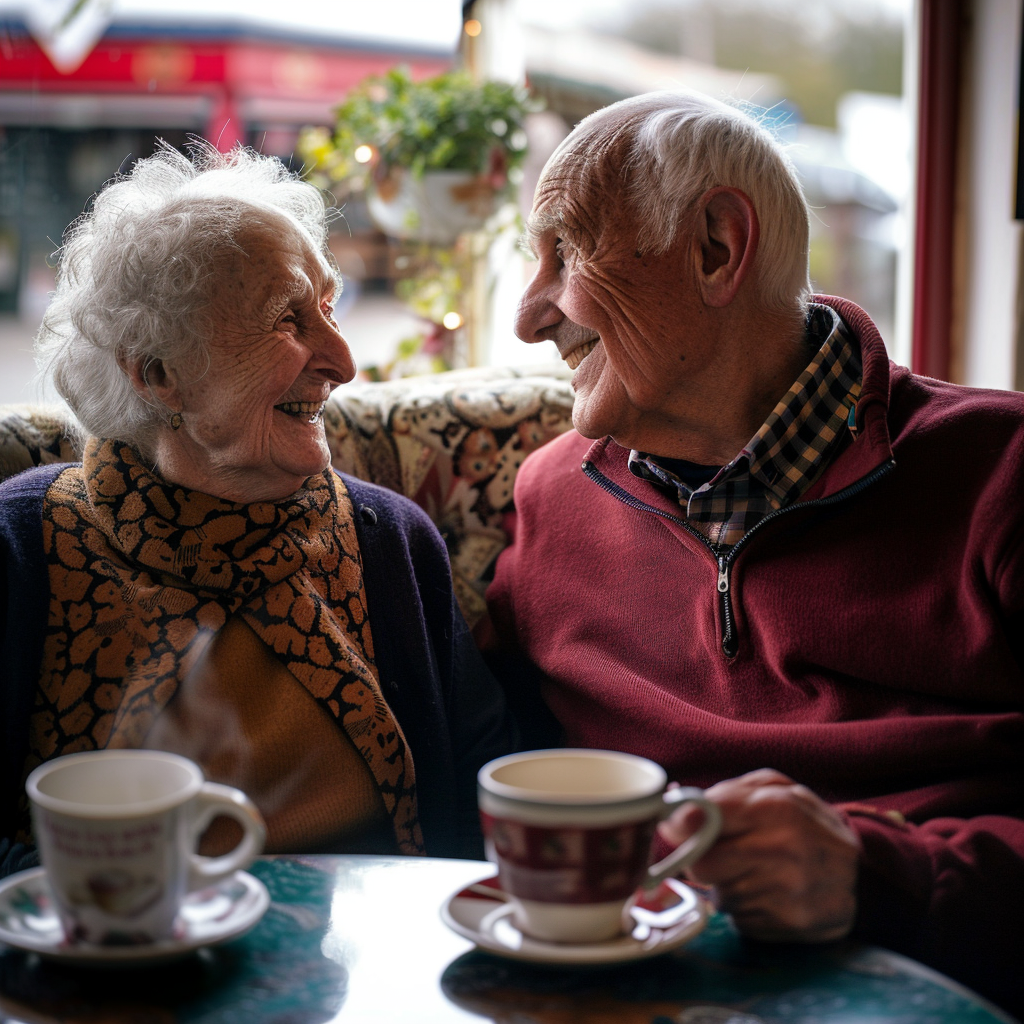 Un couple de personnes âgées prenant un café ensemble dans le café d'une maison de retraite | Source : Midjourney