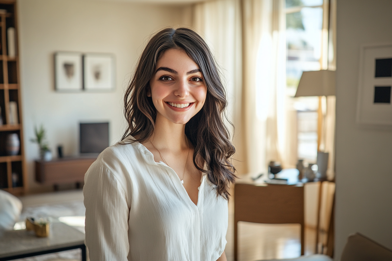 Une femme souriante debout dans son salon | Source : Midjourney