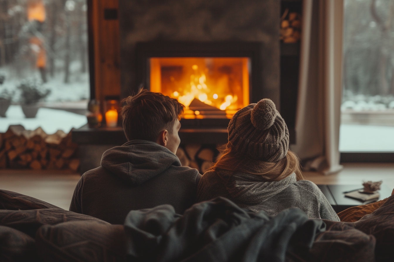 Vue arrière d'un couple discutant assis près de la cheminée à la maison | Source : Midjourney