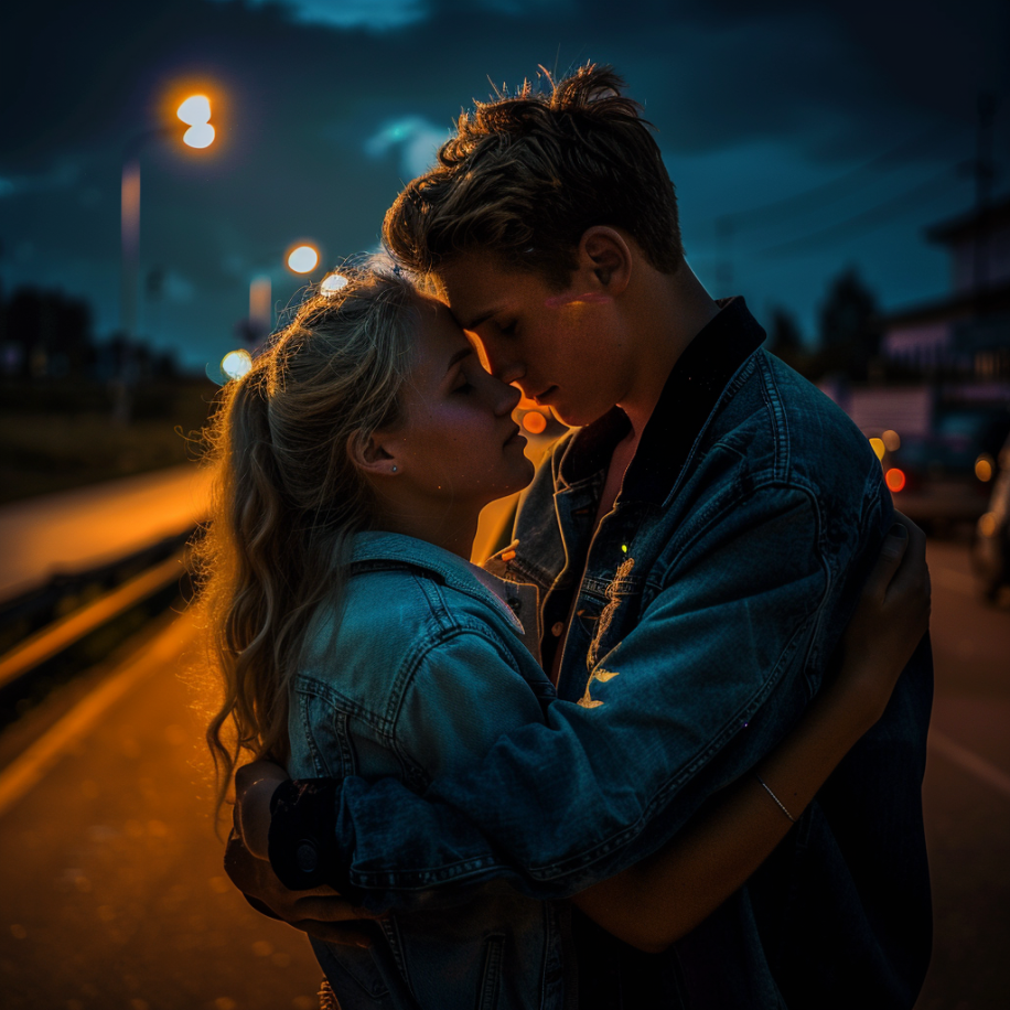 Un couple d'amoureux s'étreint sur la route la nuit | Source : Midjourney