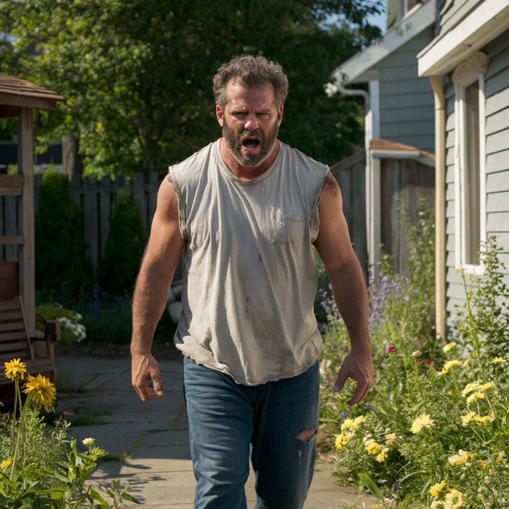 Un homme en colère s'approche sur un chemin de jardin | Source : Midjourney