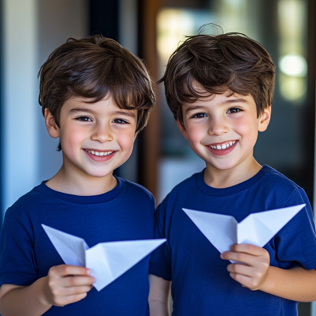 Deux jeunes garçons tenant des avions en papier et souriant | Source : Midjourney