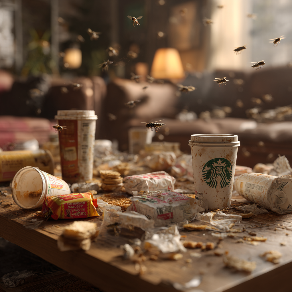 Un désordre de tasses à café et d'emballages de nourriture sur une table | Source : Midjourney