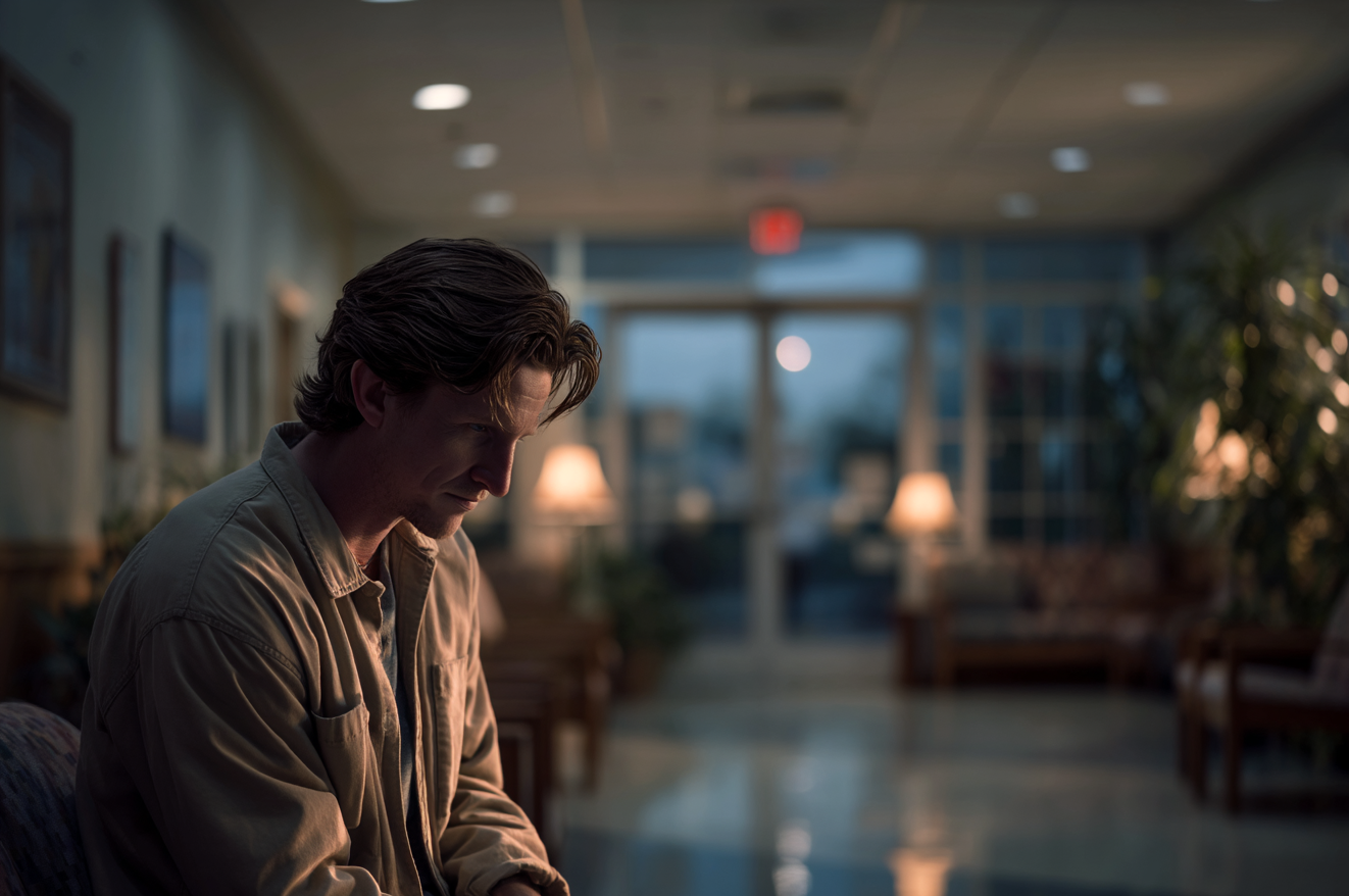 Un homme assis dans une salle d'attente | Source : Midjourney