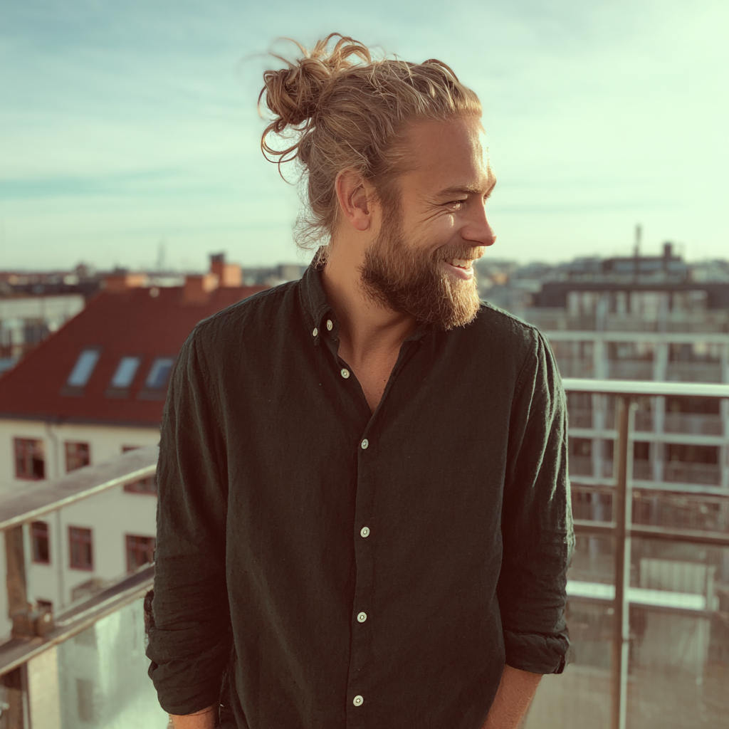 Un homme souriant debout sur un balcon | Source : Midjourney
