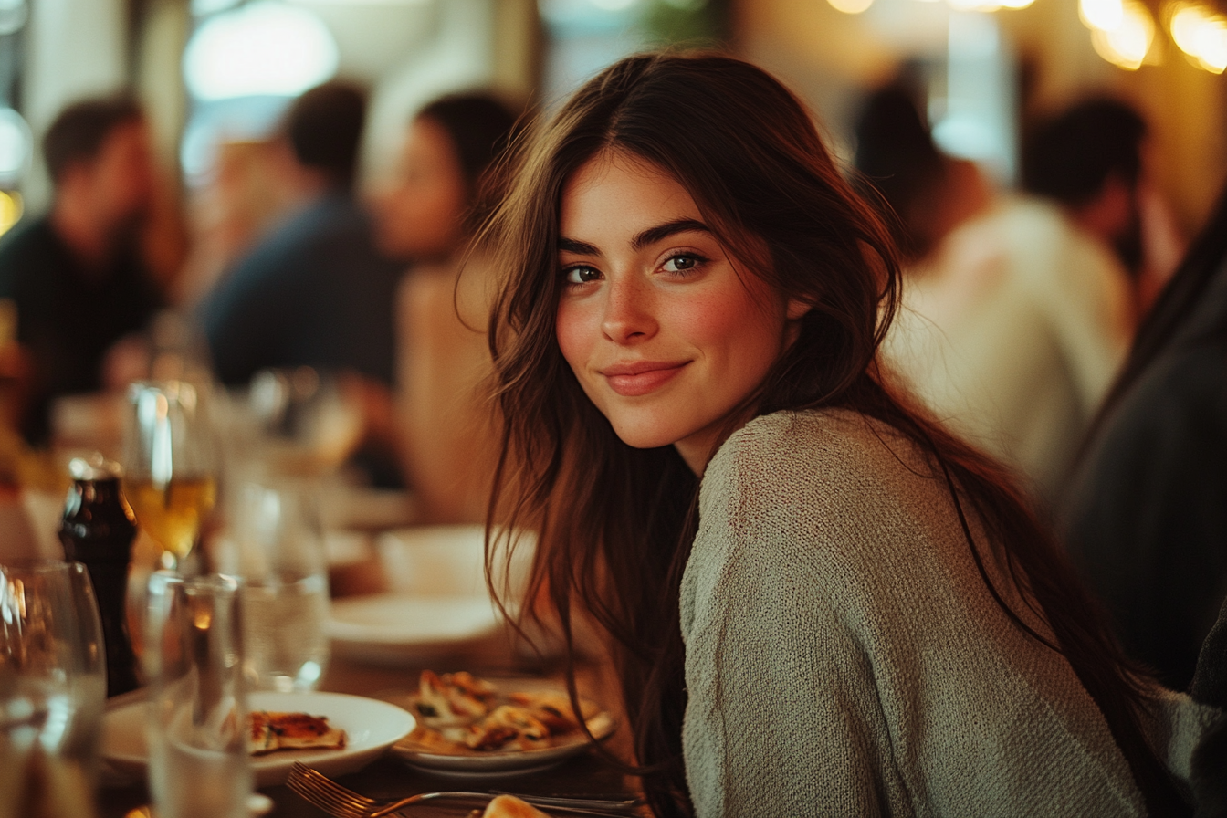 A woman smiling slightly as she sits at a dinner table | Source: Midjourney