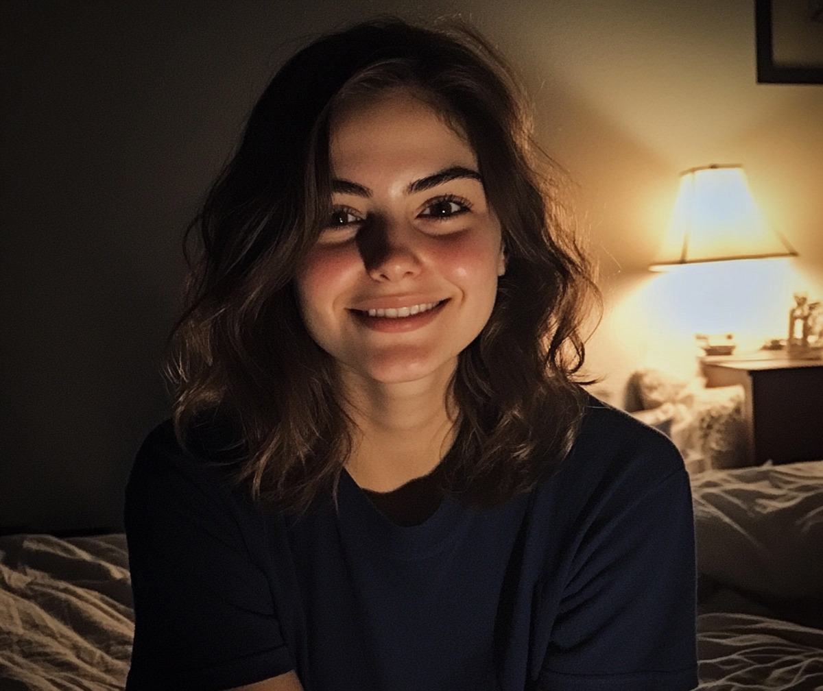 Une jeune femme assise sur son lit et souriante | Source : Midjourney